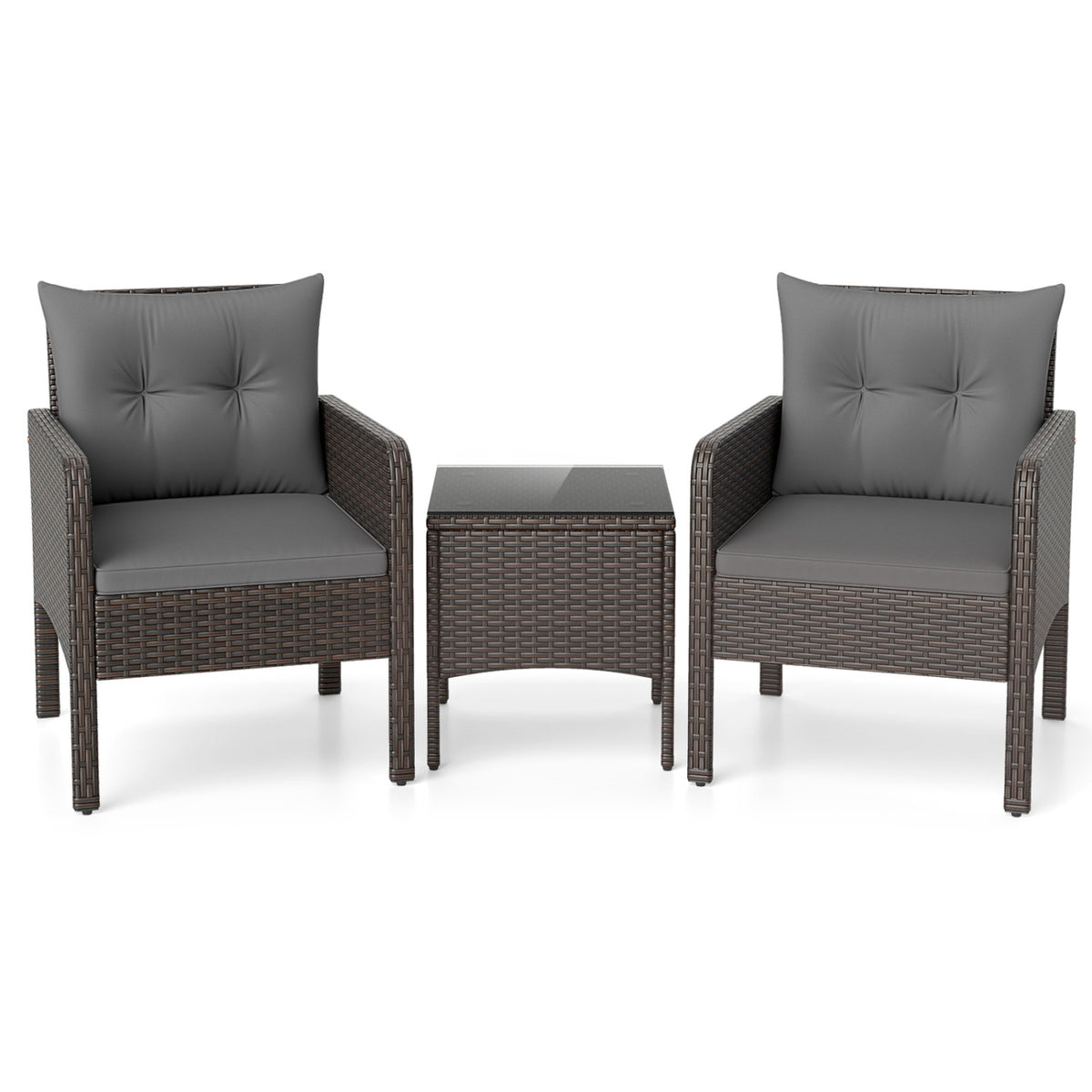 3 Pieces Patio PE Wicker Furniture Set with Cushions  for Porch and Balcony