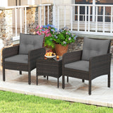 3 Pieces Patio PE Wicker Furniture Set with Cushions  for Porch and Balcony