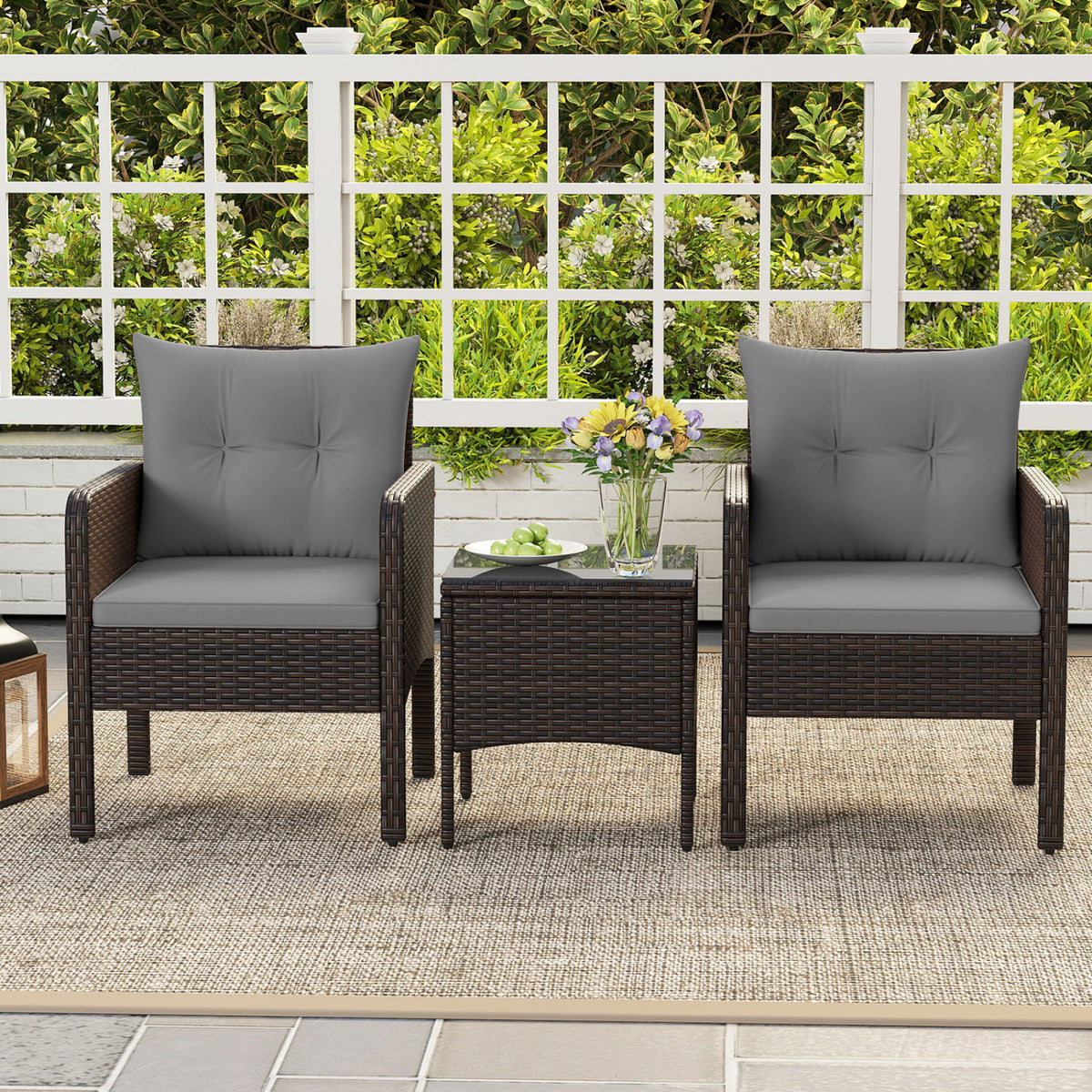 3 Pieces Patio PE Wicker Furniture Set with Cushions  for Porch and Balcony