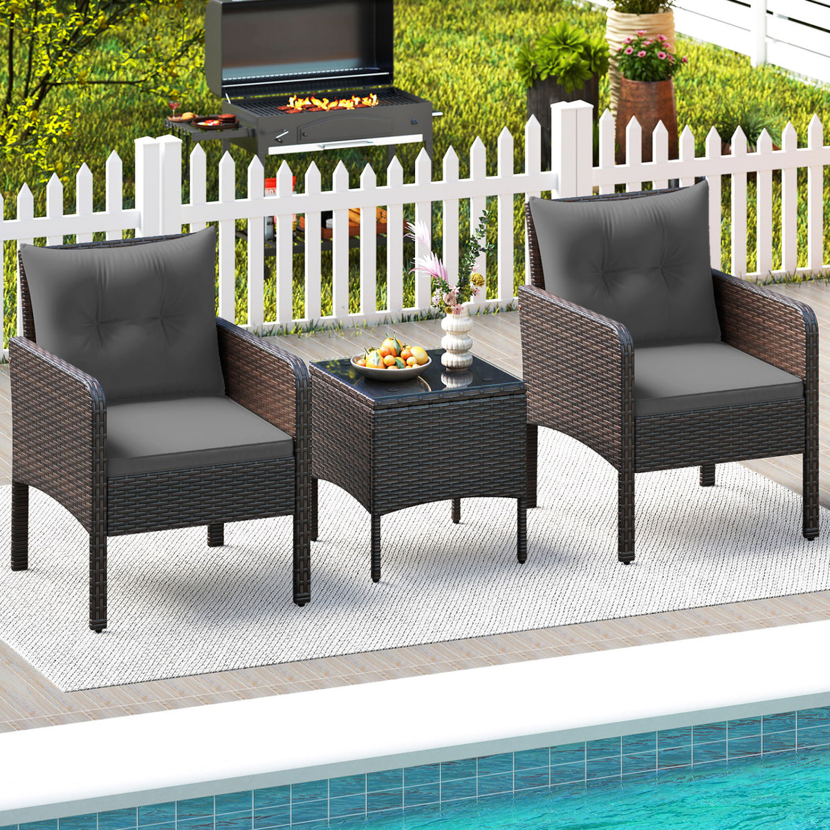 3 Pieces Patio PE Wicker Furniture Set with Cushions  for Porch and Balcony