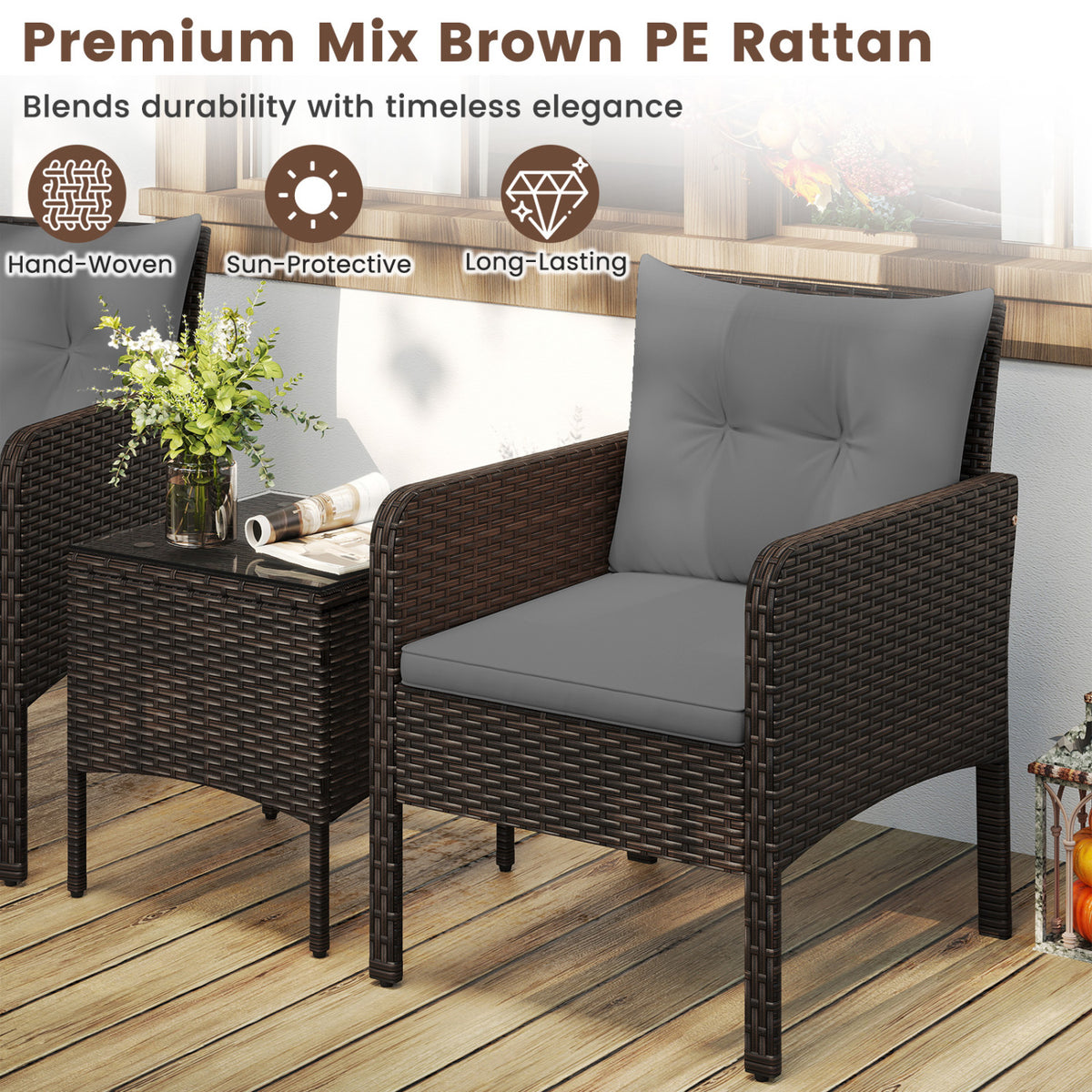 3 Pieces Patio PE Wicker Furniture Set with Cushions  for Porch and Balcony