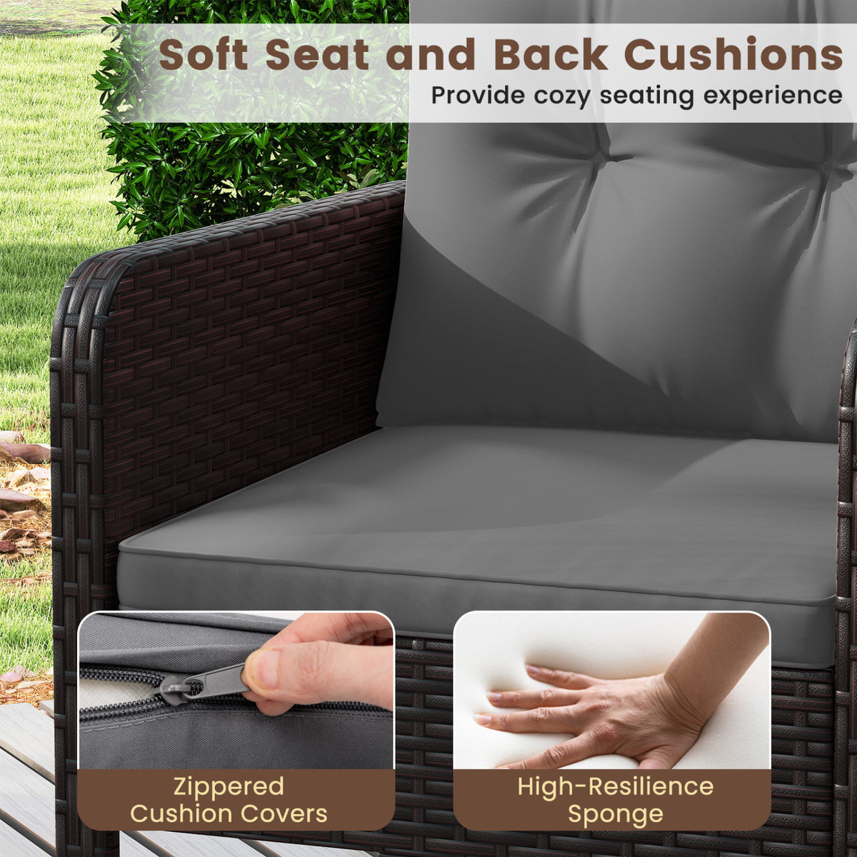 3 Pieces Patio PE Wicker Furniture Set with Cushions  for Porch and Balcony
