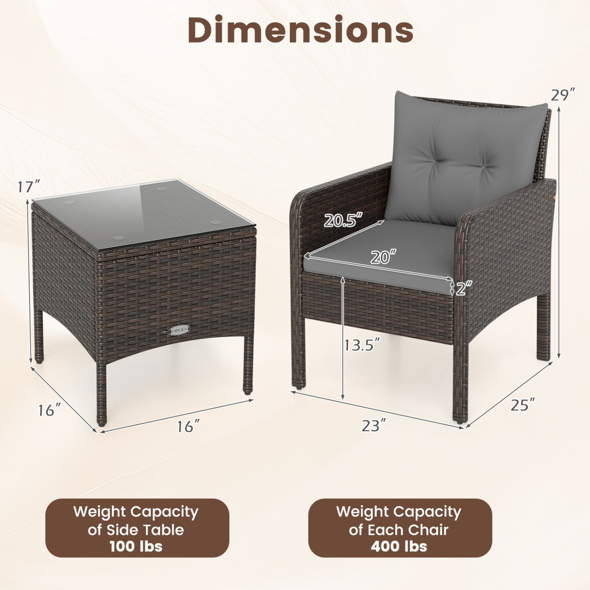 3 Pieces Patio PE Wicker Furniture Set with Cushions  for Porch and Balcony