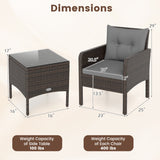 3 Pieces Patio PE Wicker Furniture Set with Cushions  for Porch and Balcony