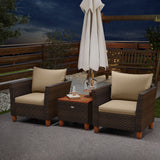 3 Pieces Patio Rattan Bistro Furniture Set with Wooden Table Top