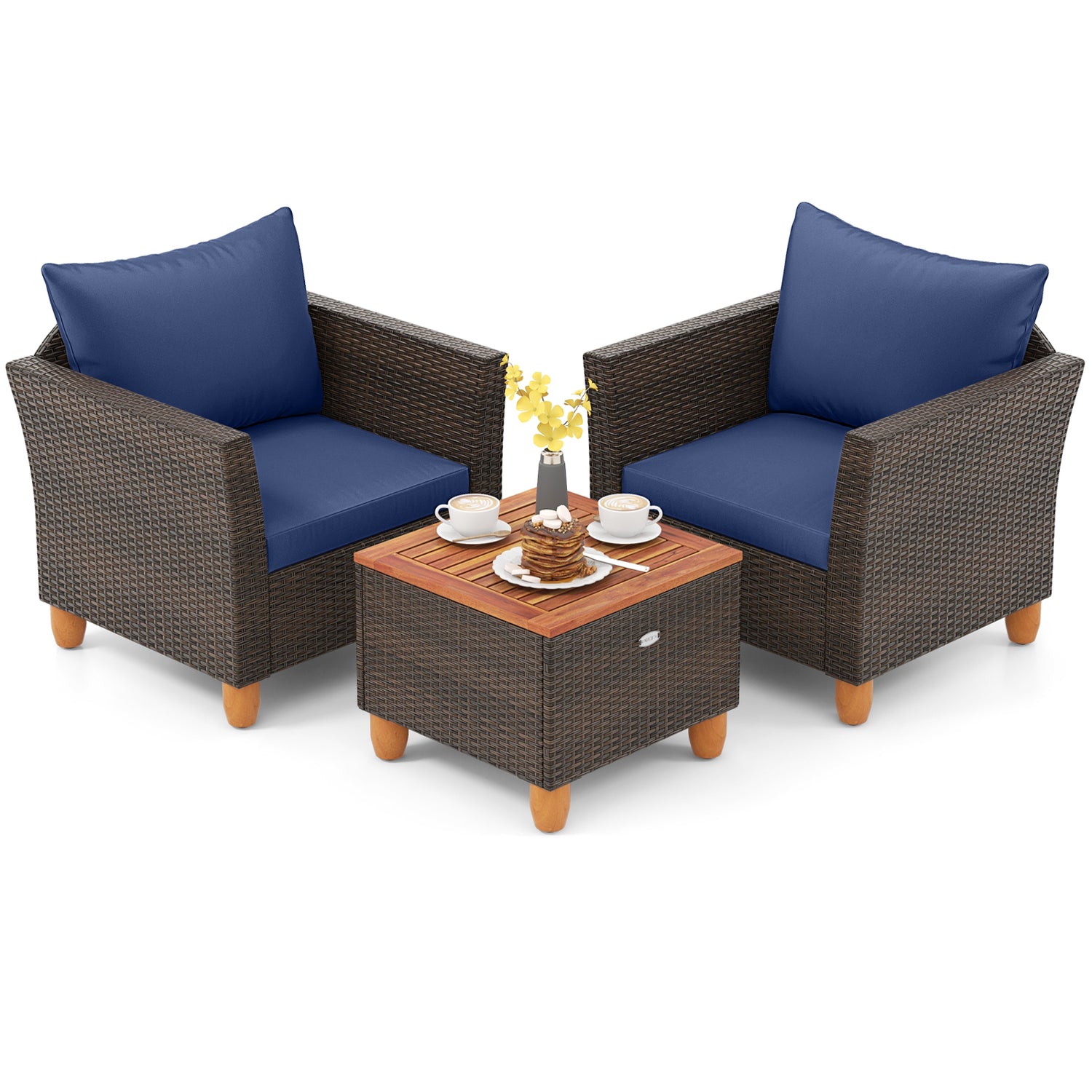 3 Pieces Patio Rattan Bistro Furniture Set with Wooden Table Top