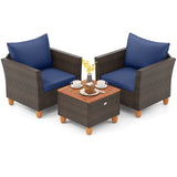 3 Pieces Patio Rattan Bistro Furniture Set with Wooden Table Top