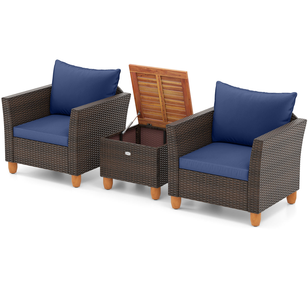 3 Pieces Patio Rattan Bistro Furniture Set with Wooden Table Top