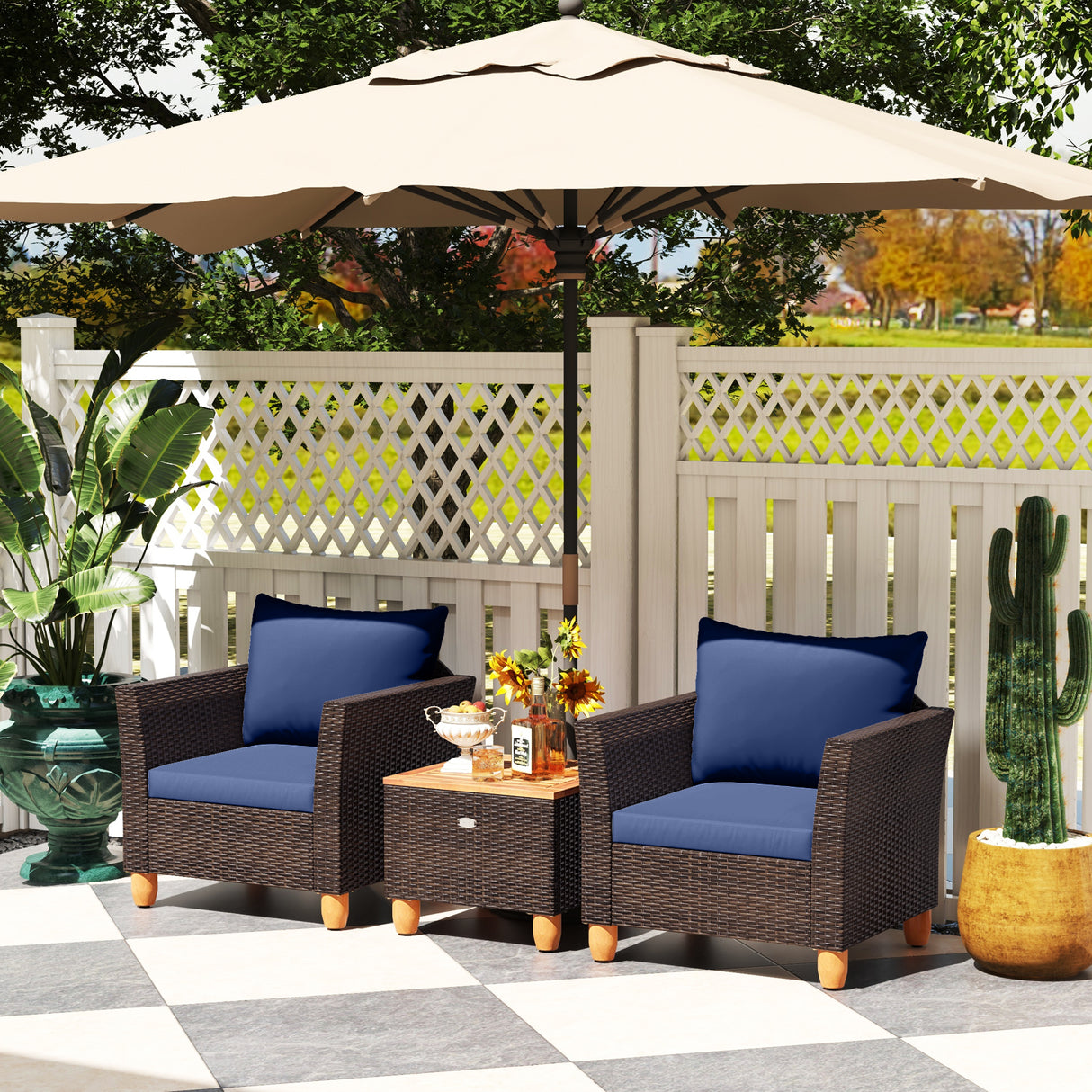 3 Pieces Patio Rattan Bistro Furniture Set with Wooden Table Top