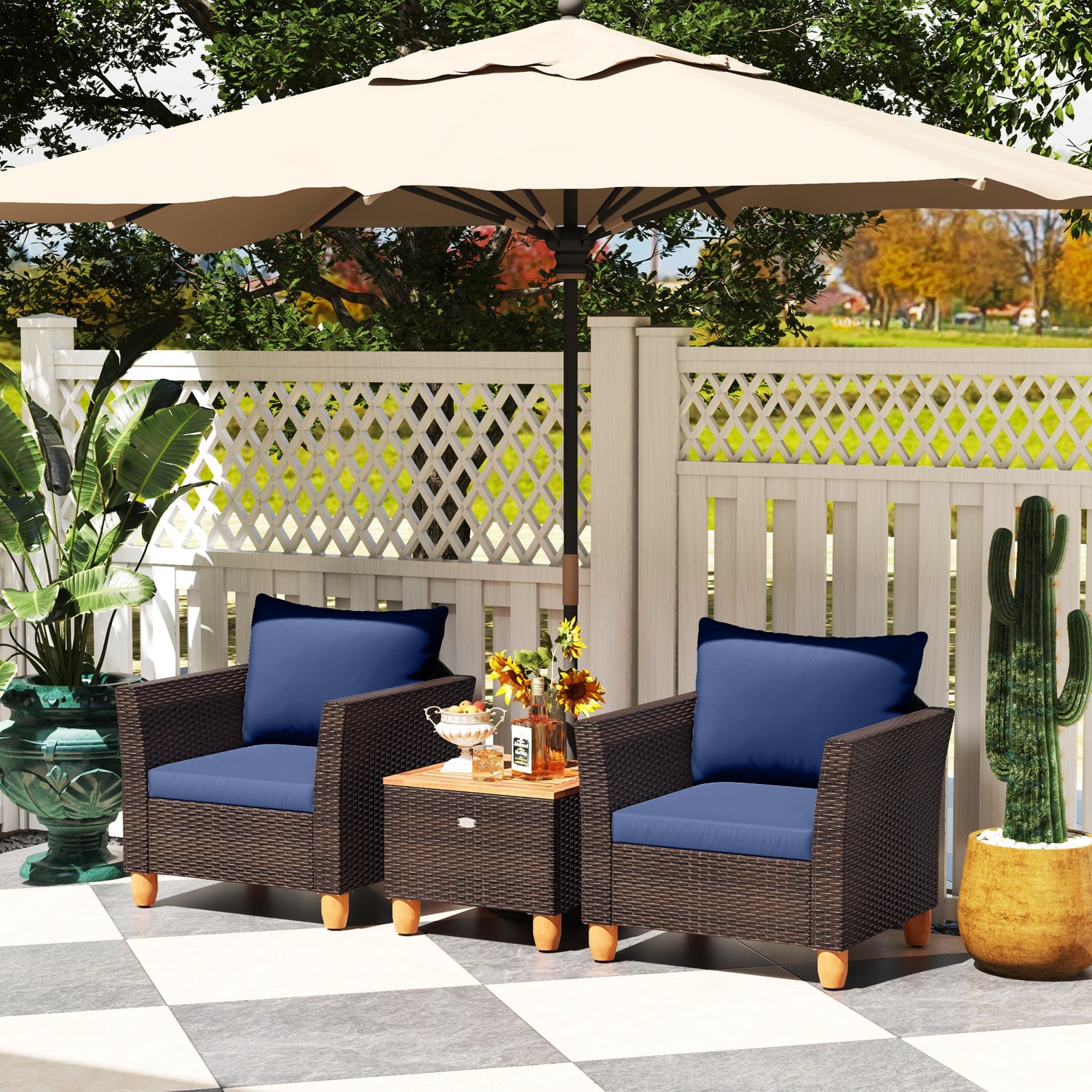 3 Pieces Patio Rattan Bistro Furniture Set with Wooden Table Top