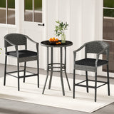 3-Piece Patio Rattan Bar Set with Tempered Glass Top for Backyard Poolside