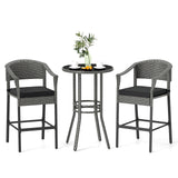 3-Piece Patio Rattan Bar Set with Tempered Glass Top for Backyard Poolside