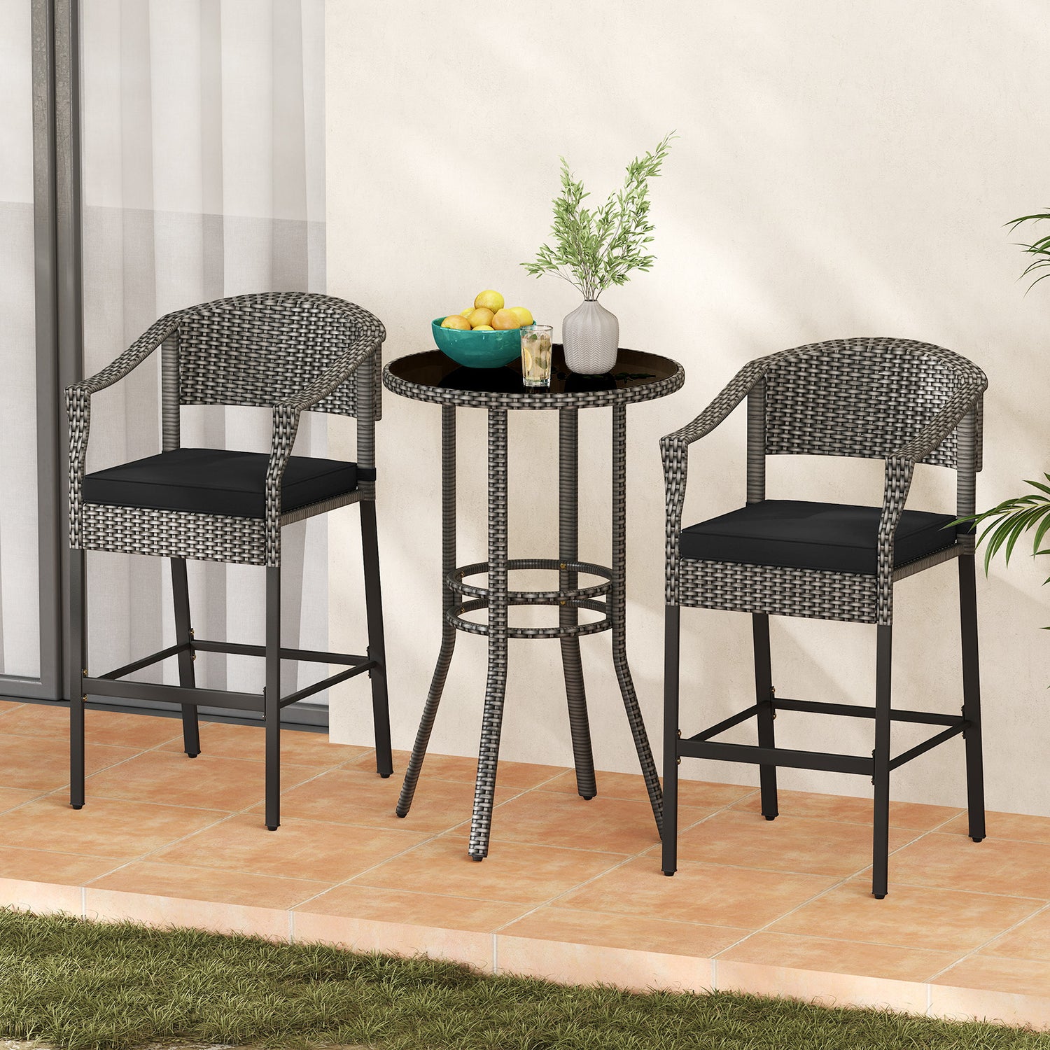 3-Piece Patio Rattan Bar Set with Tempered Glass Top for Backyard Poolside