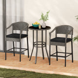 3-Piece Patio Rattan Bar Set with Tempered Glass Top for Backyard Poolside