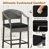 3-Piece Patio Rattan Bar Set with Tempered Glass Top for Backyard Poolside
