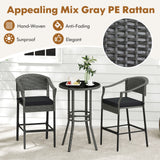 3-Piece Patio Rattan Bar Set with Tempered Glass Top for Backyard Poolside