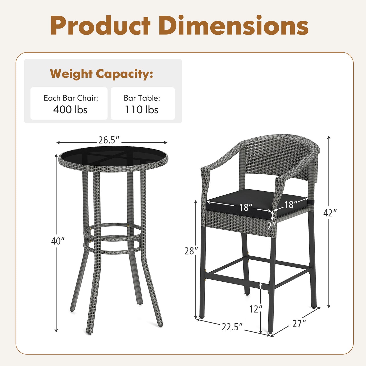 3-Piece Patio Rattan Bar Set with Tempered Glass Top for Backyard Poolside