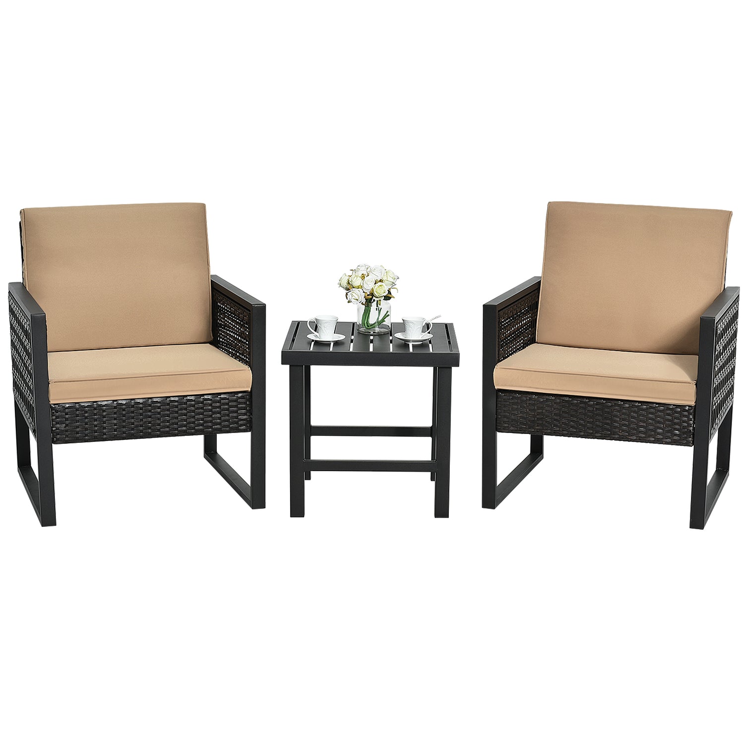 3 Pieces Patio Rattan Bistro Cushioned Furniture Set