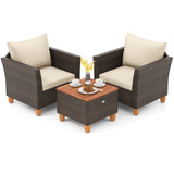3 Pieces Patio Rattan Bistro Furniture Set with Wooden Table Top