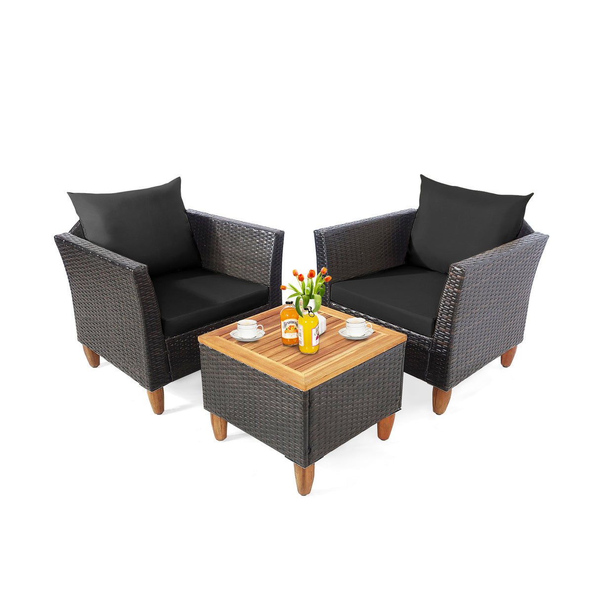 3 Pieces Patio Rattan Bistro Furniture Set with Wooden Table Top