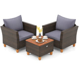 3 Pieces Patio Rattan Bistro Furniture Set with Wooden Table Top