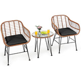 3 Pieces Patio Rattan Bistro Set with Cushion
