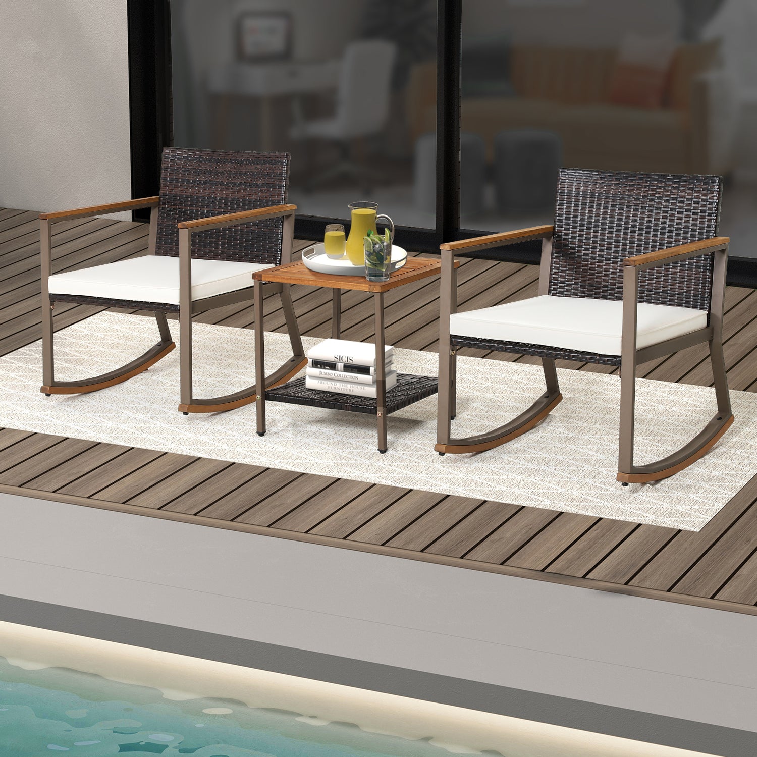 3 Pieces Rattan Rocking Bistro Set with Coffee Table and Cushions