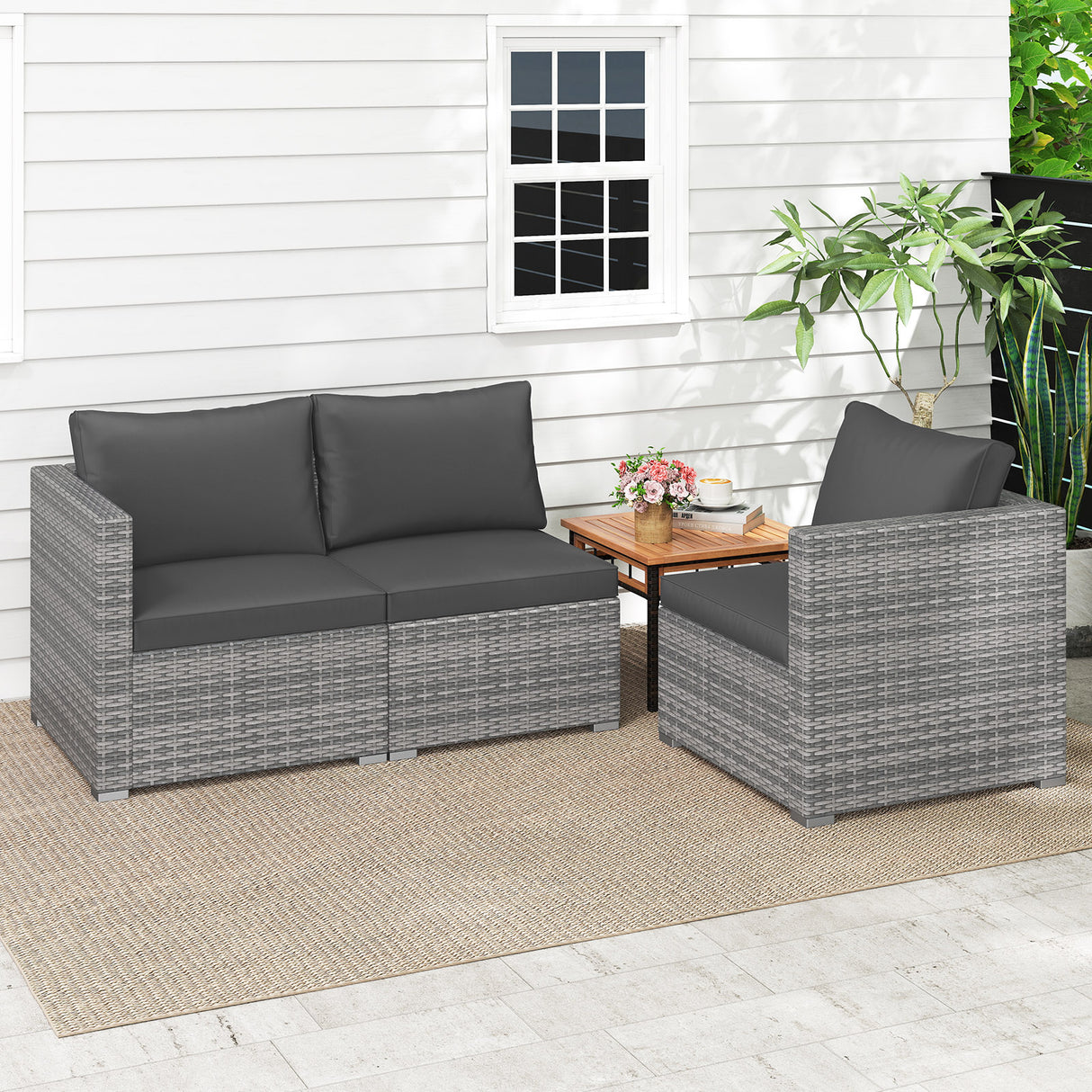 3 Pieces Patio Sectional Sofa Set PE Rattan Modular Couch Furniture Set with Soft Cushions