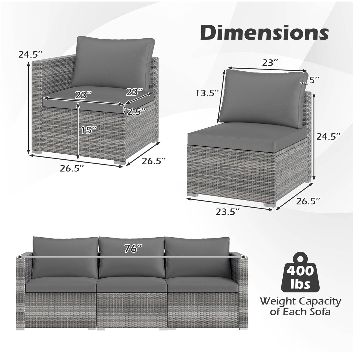 3 Pieces Patio Sectional Sofa Set PE Rattan Modular Couch Furniture Set with Soft Cushions