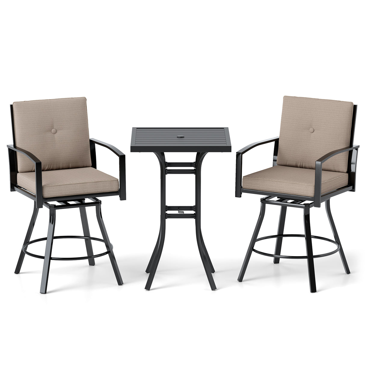 3 Pieces Patio Swivel Bar Set with Soft Cushions and Umbrella Hole-Brown
