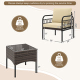 3 Pieces Patio Wicker Conversation Set with Cushions and Tempered Glass Coffee Table-Beige