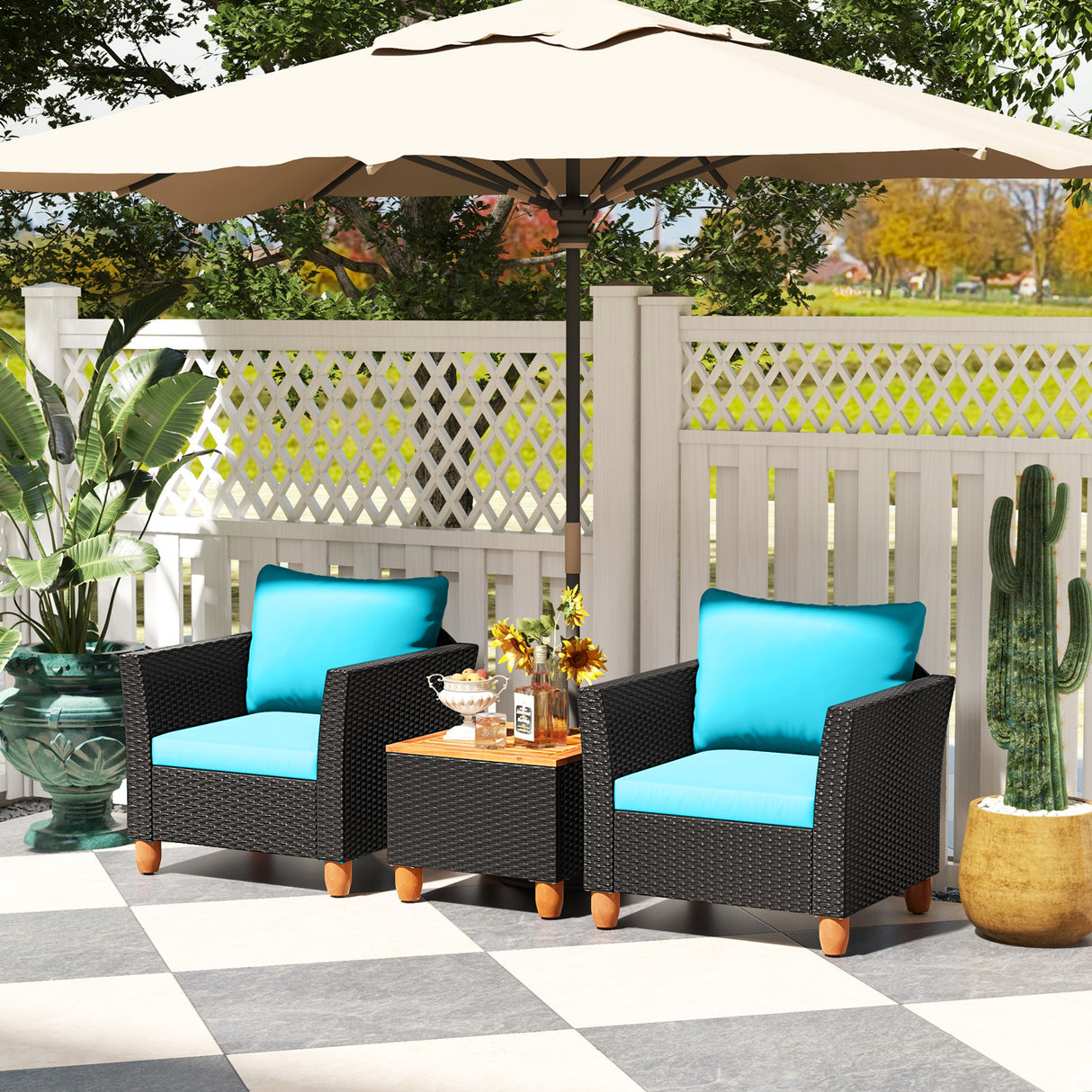 3 Pieces Outdoor Patio Rattan Furniture Set with Coffee Table