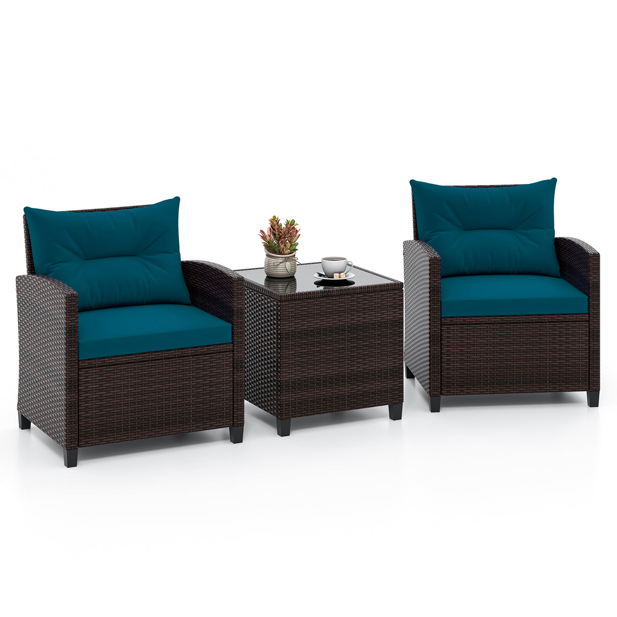3 Pcs Patio Rattan Furniture Set Cushioned Conversation Set Coffee Table