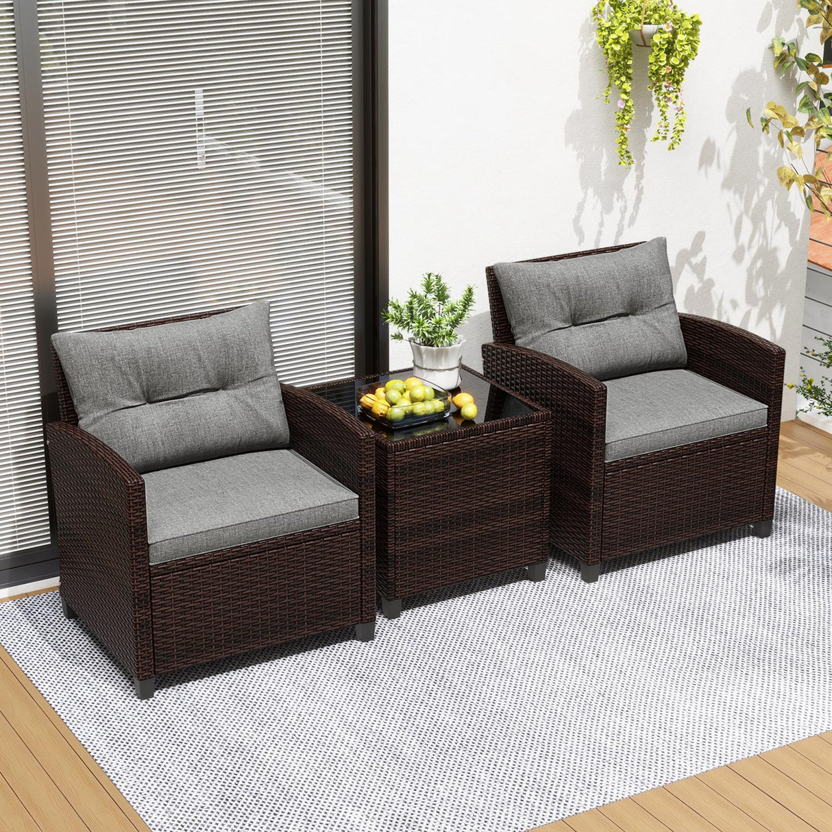 3 Pcs Patio Rattan Furniture Set Cushioned Conversation Set Coffee Table