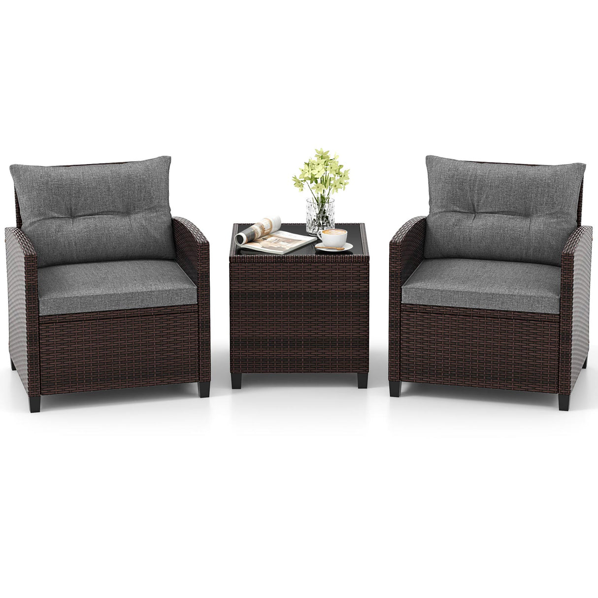 3 Pcs Patio Rattan Furniture Set Cushioned Conversation Set Coffee Table