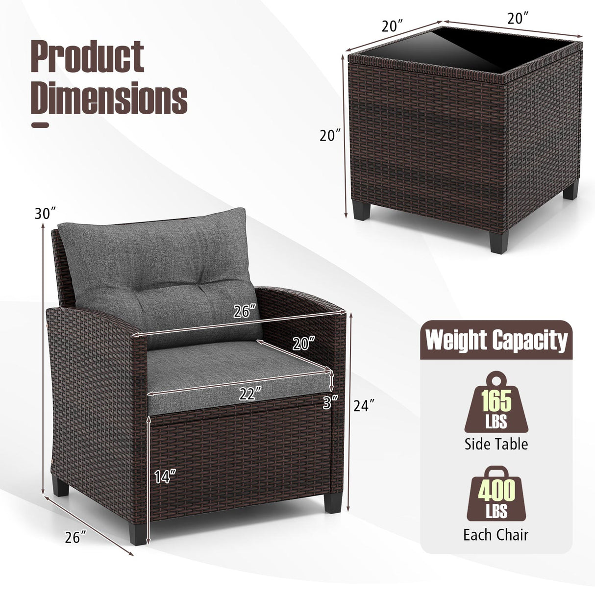 3 Pcs Patio Rattan Furniture Set Cushioned Conversation Set Coffee Table