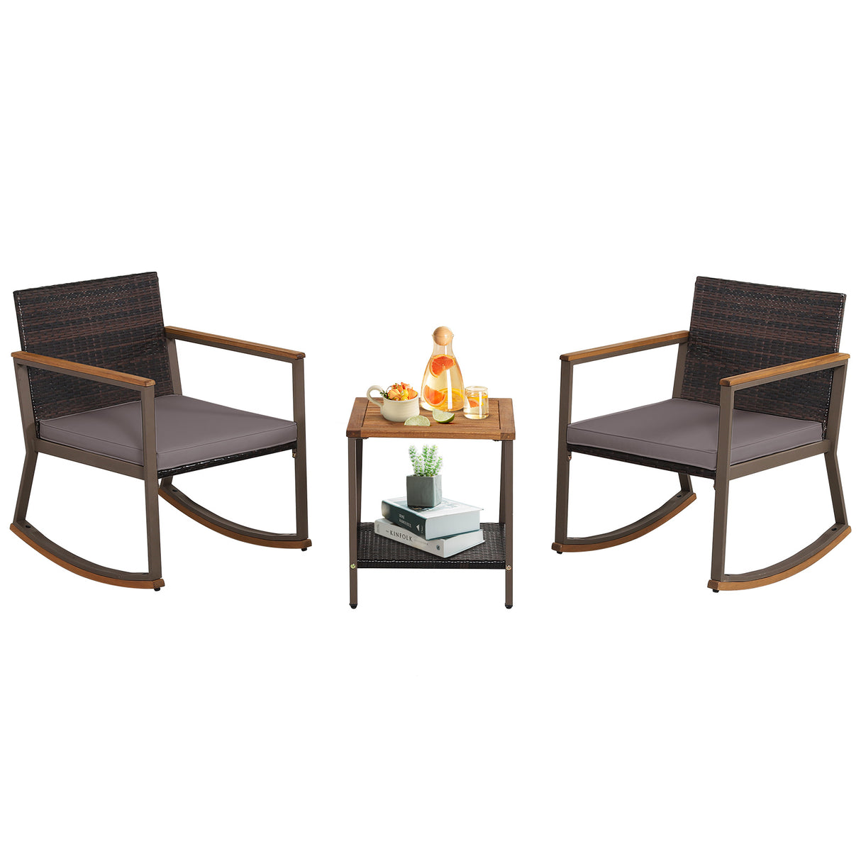 3 Pieces Rattan Rocking Bistro Set with Coffee Table and Cushions