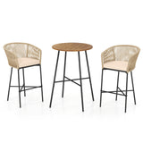 3 Pieces Rope Woven Patio Bar Set with Soft Cushions and Acacia Wood Tabletop-Beige