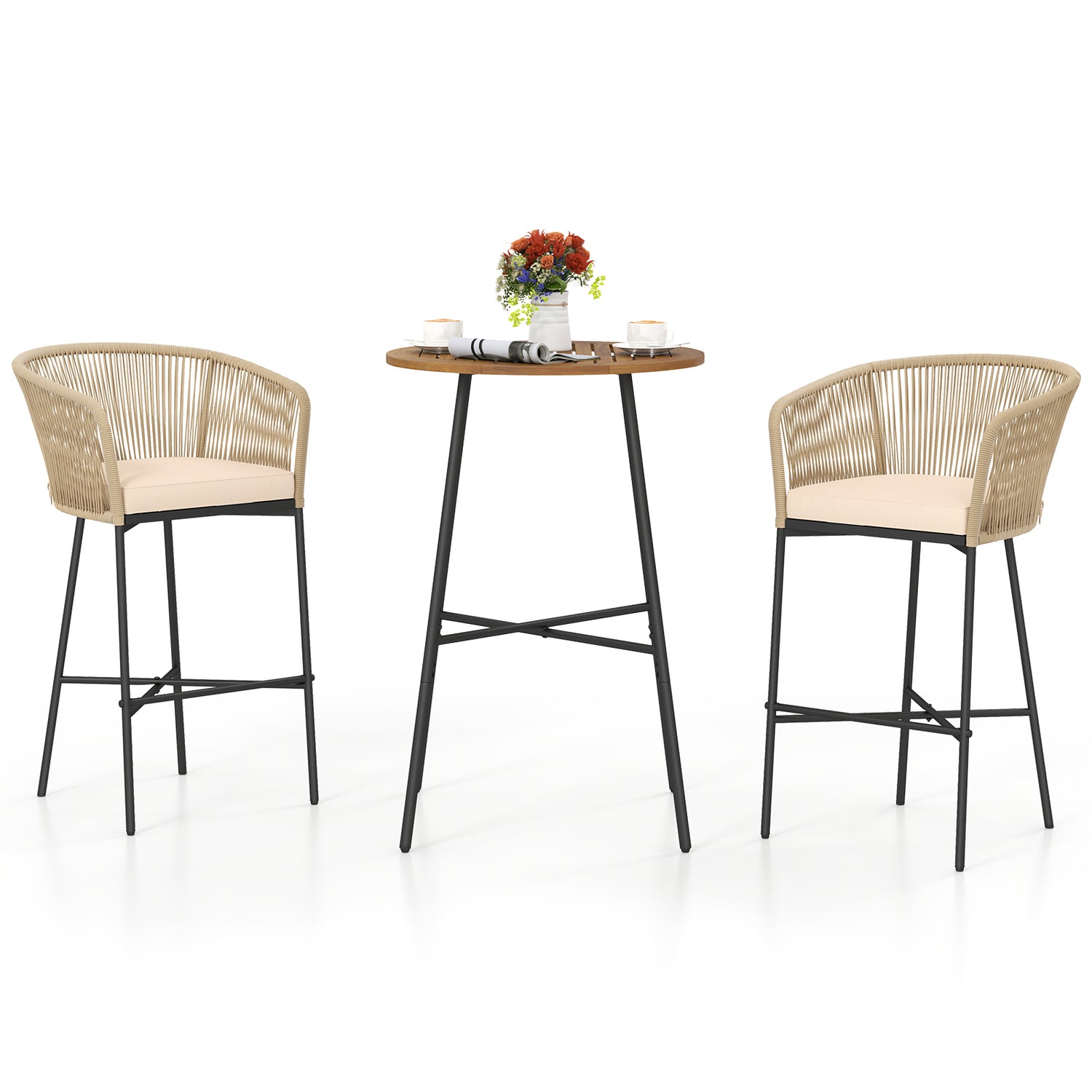 3 Pieces Rope Woven Patio Bar Set with Soft Cushions and Acacia Wood Tabletop-Beige