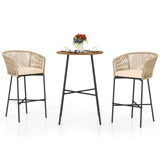 3 Pieces Rope Woven Patio Bar Set with Soft Cushions and Acacia Wood Tabletop-Beige
