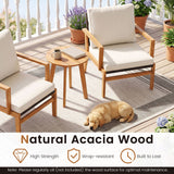 3 Pieces Wicker Sofa and Acacia Wood Table Set with Seat and Back Cushion-Offwhite