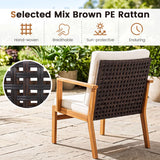 3 Pieces Wicker Sofa and Acacia Wood Table Set with Seat and Back Cushion-Offwhite