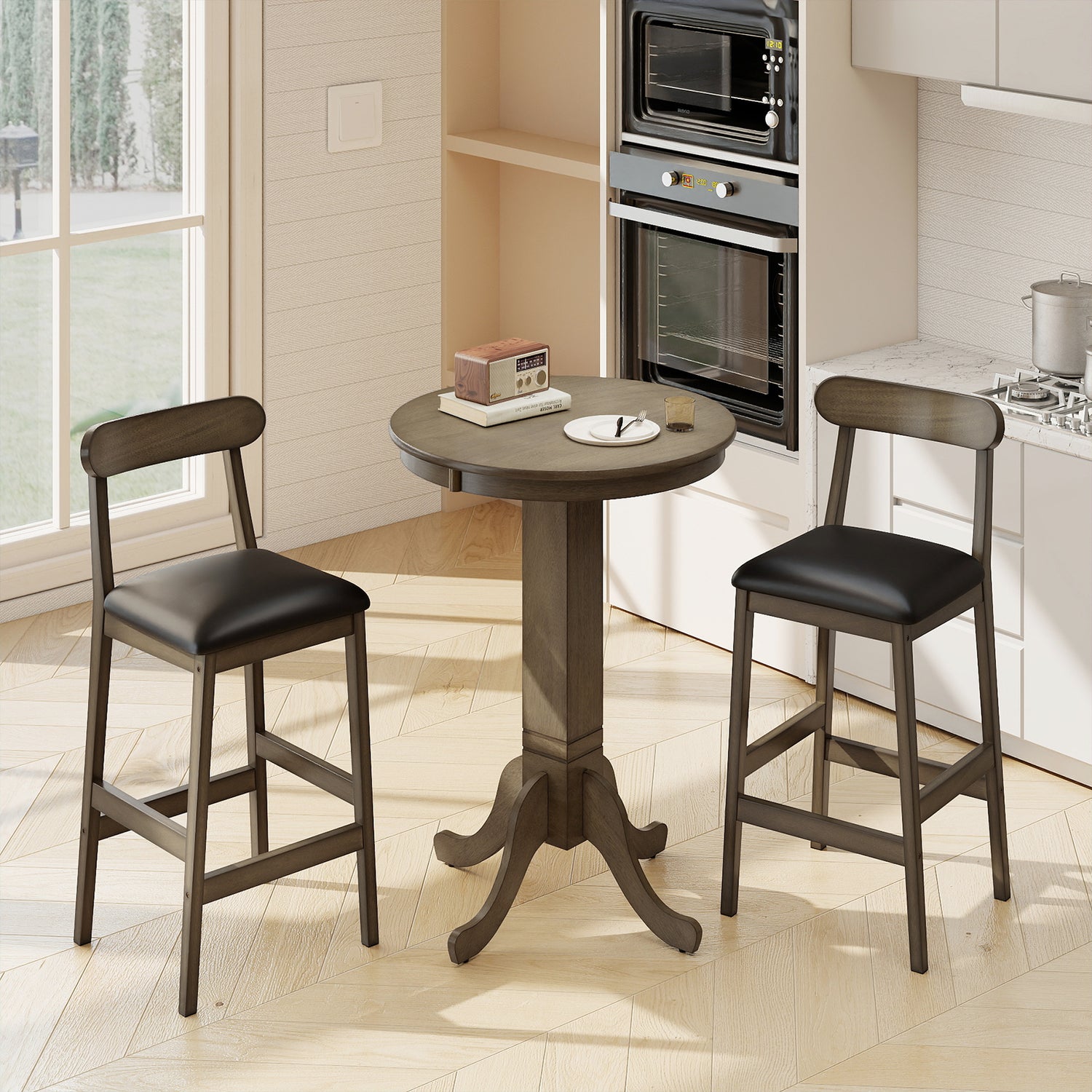 3 Pieces Wood Bar Table Set for 2 Round Pub Table with Pedestal Base and 2 Armless Stools