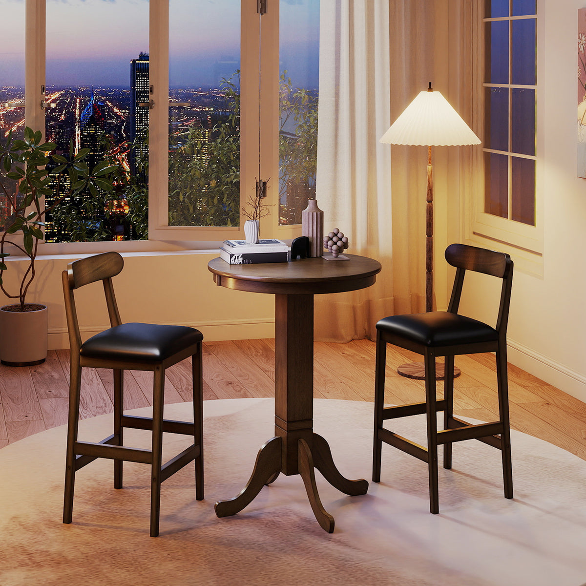 3 Pieces Wood Bar Table Set for 2 Round Pub Table with Pedestal Base and 2 Armless Stools