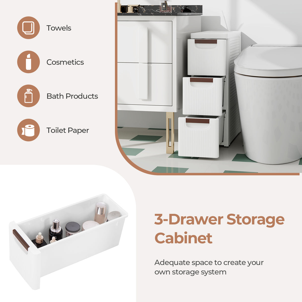 3/4/5/6-Drawer Rolling Organizer Unit Narrow Storage Cabinet with Built-In Wheels for Small Space-3