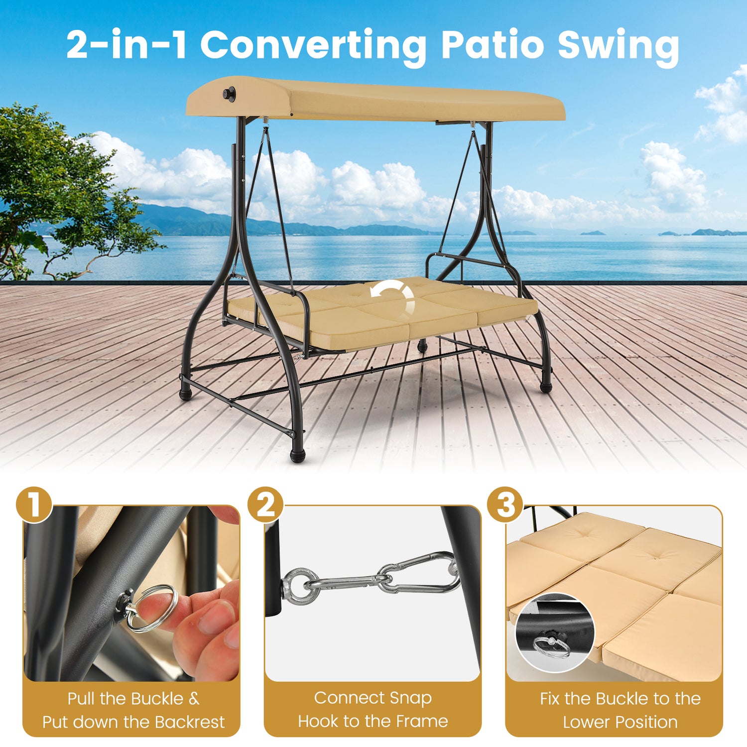 3 Seat Outdoor Porch Swing with Adjustable Canopy