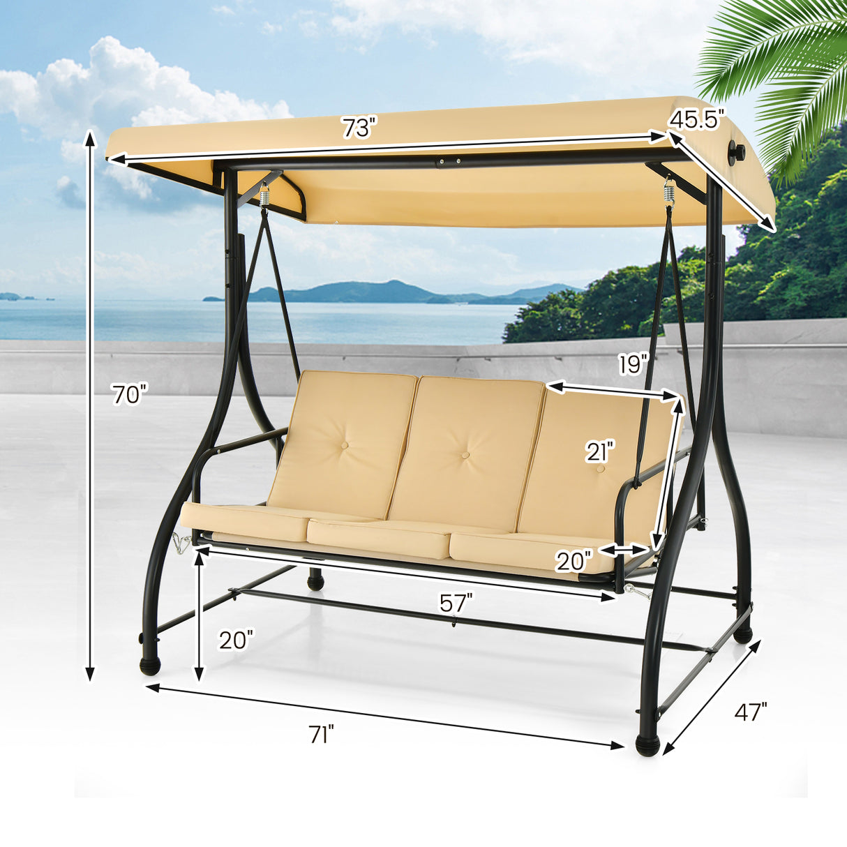 3 Seat Outdoor Porch Swing with Adjustable Canopy