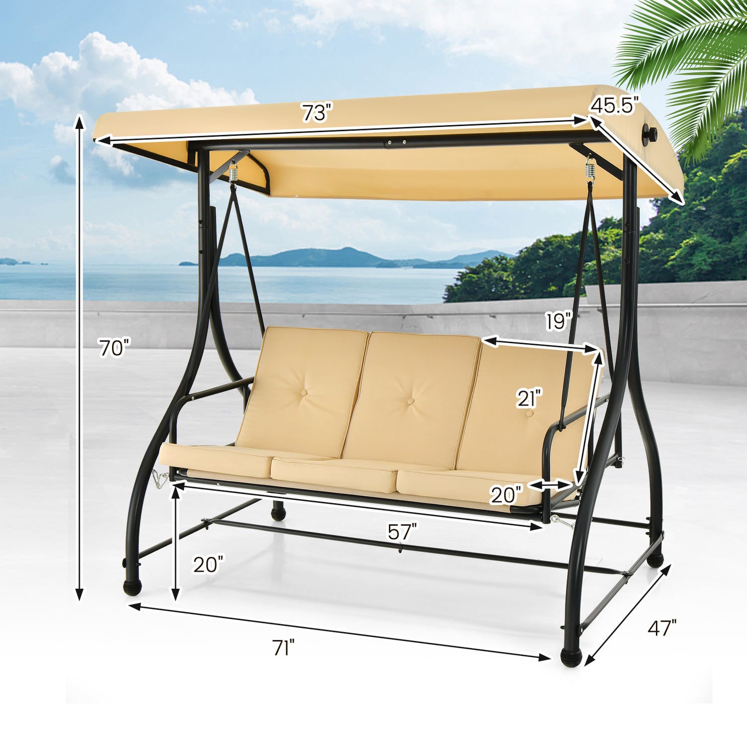 3 Seat Outdoor Porch Swing with Adjustable Canopy