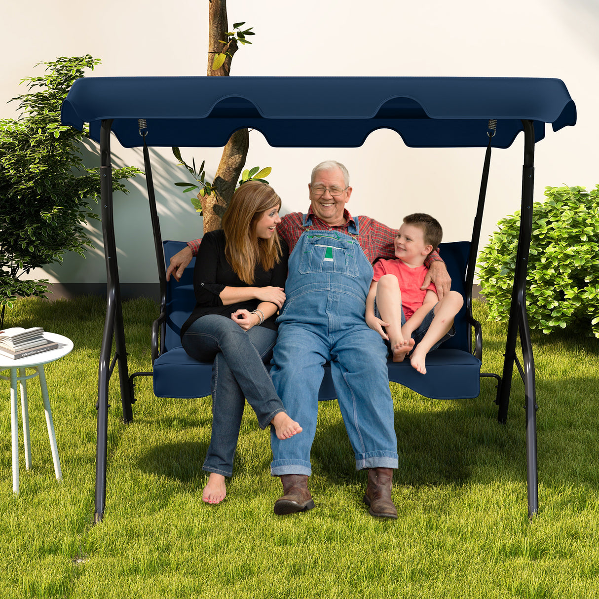 3 Seat Outdoor Patio Canopy Swing with Cushioned Steel Frame