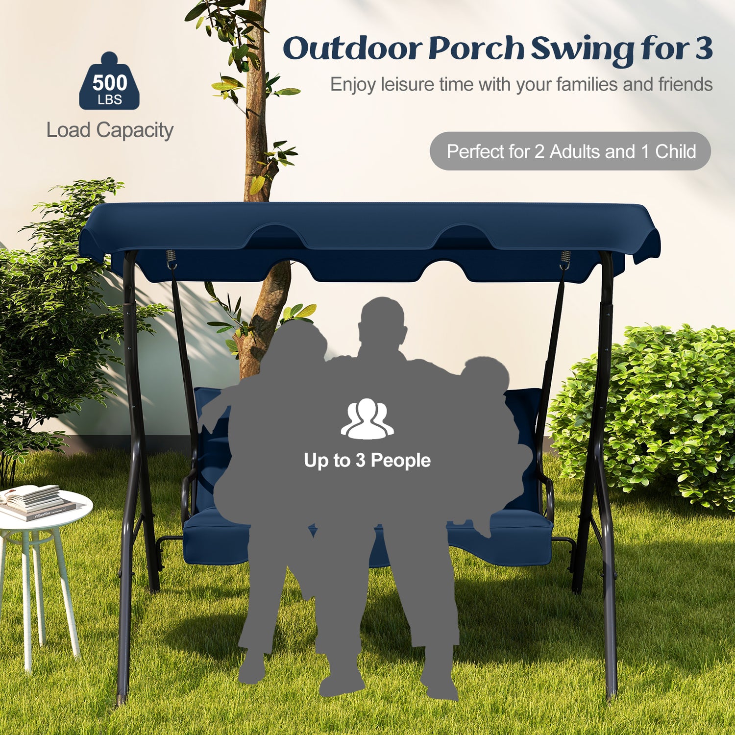 3 Seat Outdoor Patio Canopy Swing with Cushioned Steel Frame